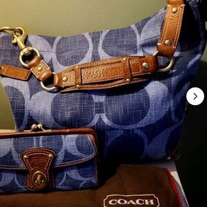 Coach Carly Denim Blue Brown Shoulder Bag with Leather 10795 hobo gold hardware